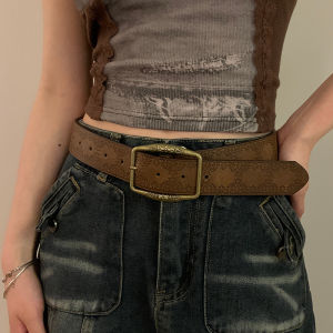 Goodhopes American Retro Y2K Embossed Belt Women Luxury Buckle Pin Waist Belt Girl Fashion Punk PU Leather Pattern Print Belt