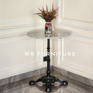 Meja Foyer Bulat Kaki Hitam Top Marmer Putih Carrara