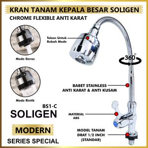 Kran Angsa Fleksibel NEW SOLIGEN PVC Keran Air Cuci Piring Tanam Sink BS2 BS2W BS2B Hitam Putih KRAN ANGSA FLEKSIBEL / FLEXIBLE ANGSA DAPUR ON OFF