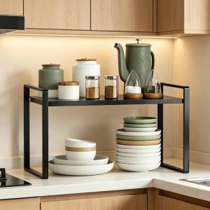 Adjustable Black Expandable Storage Rack for Kitchen Cabinets & Bathroom Countertops