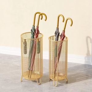 Modern Golden Mesh Umbrella Rack Freestanding Round Umbrella Holder with Drain Tray Entryway Umbrella Organizer for Home Office Lobby