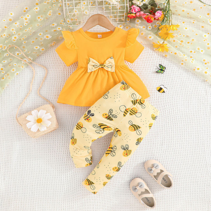 Terno For Kid Girl 324 Months Short Sleeve Cute Bees Blouse and Pants