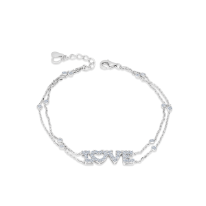TDG 10K White Gold Lab-Grown Diamond "LOVE" Double Chain Bracelet