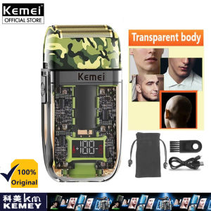 Kemei KM-TX7 Barber Hair Cleaning Electric Shaver Beard Stubble Razor Bald Shaving Machine Powerful Transparent Camouflage Green Body