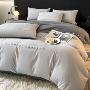 Light Luxury Style High-End Washed Cotton Bedding Set Four-Piece Solid Color Brushed Embroidered Duvet Cover Bed Sheet Bed Skirt Dormitory Three-Piece Set LZD