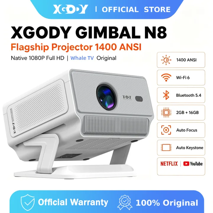 [New] XGODY Gimbal N8 Native 1080P Full HD Support 8K Decoding HDR10 1400 ANSI Smart Whale OS Projector Portable Auto Focus Home Cinema Projector