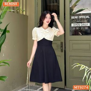 Đầm thiết kế phối lưới cổ đính nút dáng xòe BEMINE MT9274