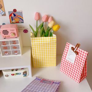 INS Korean Colorful Grid Packaging Kraft Paper Bag Cute Storage Bag Tidy Bag Gift Paper Bag