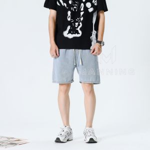 MANNING MJ12 Jeans Lurus Pria Jeans Biru Dicuci Lima Titik Jeans Biru Pria Casual Midriff Longgar Jeans Serut Longgar Musim Panas Tipis Retro Longgar