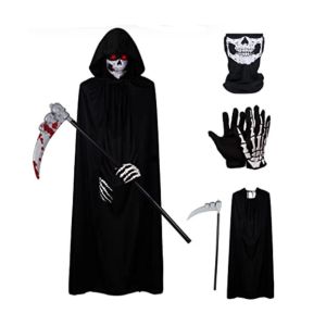 TANFU With Glove Halloween Grim Reaper Costume Anti-slip Black Ghost Reaper Costume Scary Props Multipurpose Cloak Set Adult Kids