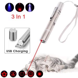 3-in-1 Mini USB Laser Funny Cat Chaser Pen Rechargeable LED Flash Pet Toy UV Flashlight Pen