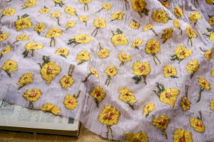 Lavender Gold Embossed Fabric Yellow Floral Classic Bubble Dress Material for Women Elegant Bouquet Decor Spring Autumn