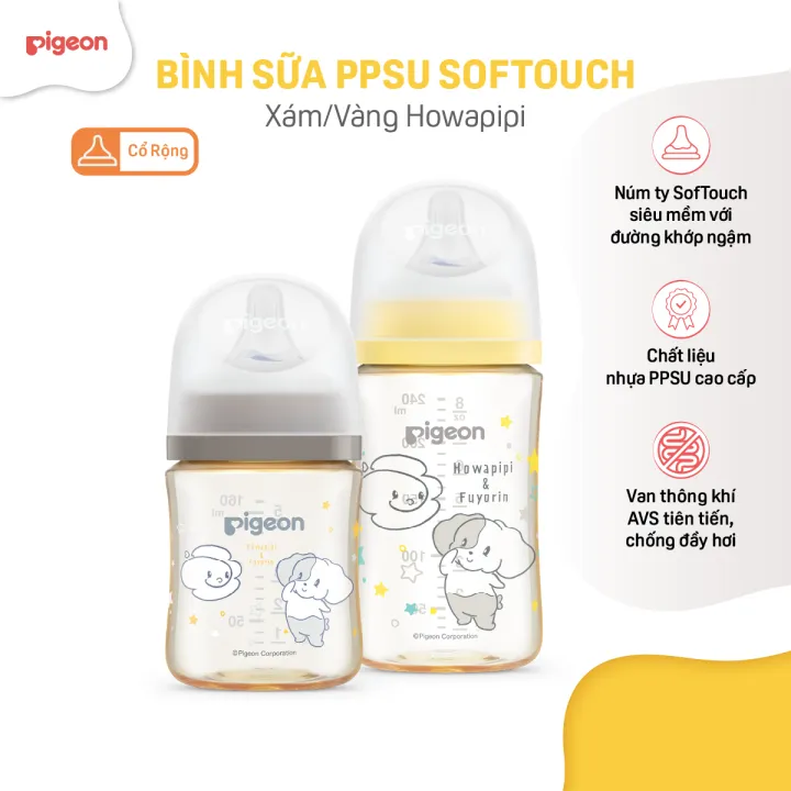 Bình sữa chống đầy hơi Pigeon cổ rộng cho bé sơ sinh núm ti siêu mềm chống sặc cho trẻ 160ml/240ml chính hãng