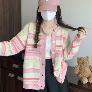 Wanita Atasan Kardigan Rajutan Mantel Longgar Bergaris Pelangi