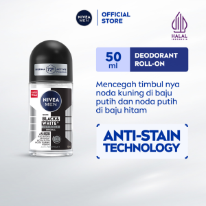NIVEA MEN Deodorant Roll On Black & White Invisible Original 50ml - Deodoran pria melawan bakteri keringat bau badan dengan teknologi anti noda kuning putih dan residu wangi maskulin segar seharian - Antiperspiran tidak mengandung ethyl alkohol