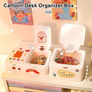 JURHOMIE 1Pcs With Lid Desk Organizer Box Button Kawaii Cartoon Makeup Organizer Container Mini Cosmetics Storage Box Jewellery Stationery Office Supply