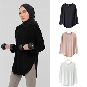 Long Sleeve Jersey Muslimah Quick Dry 38-120kg Plain Jersey Premium Shirt Sports Netball Curve Hem Cutting T Shirt Women Sport Gym Yoga Tops