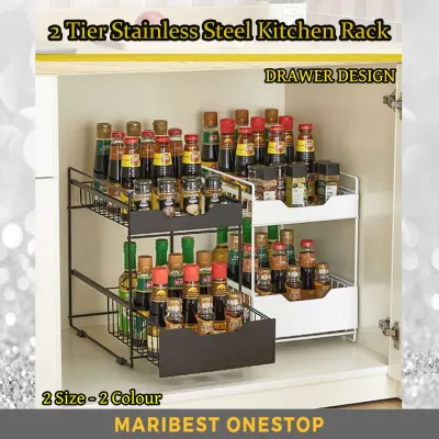 2 Tier Space Saving Kitchen Top Storage Rack With Pull Out Drawer Design 2 Size Sliding Cabinet Basket Organizer Countertop Pantry