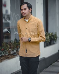 Kemeja polos pria lengan panjang kasual warna kuning terbaru bahan katun tidak luntur