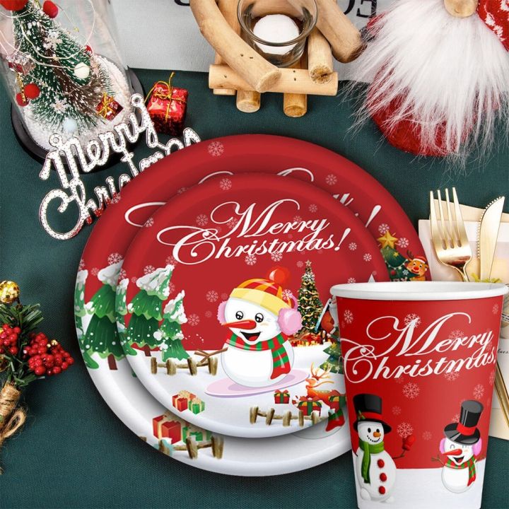 10pcs Christmas Printed Paper Plates Paper Cups Tablecloth Set