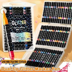 24-96 Colors Dual Tip Glitter Drawing Color Pen Set Markers School Supplies Stationery