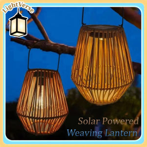 Waterproof Rattan Solar Lantern Bamboo Frame Standing/Hanging Bamboo Chandelier Lamp Solar Powered Weaving Lantern