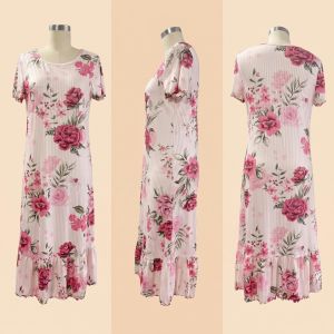 QMissLin QML-0060 Women Floral Lounge Dress Soft Milk Silk Maxi Nightdress Elegant Short Sleeve Homewear Casual Long Dress