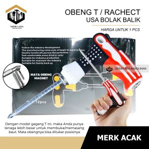 Obeng 3 in 1 / TUSUK MAGNET  model "T" BOLAK BALIK + - gagang karet KODAI 100% kualitas bagus KUAT