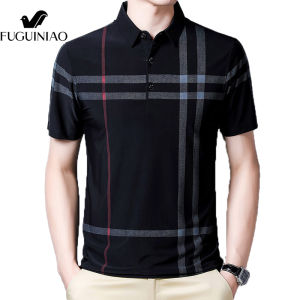 FUGUINIAO Summer Mens Ice Silk Casual Business Lapel Short-sleeved T-shirt Thin POLO Shirt