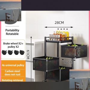 Kitchen Multi-layer Vegetable Storage Rack Stand Square Rotatable Fruit Basket Drainage Sink with Wheels
