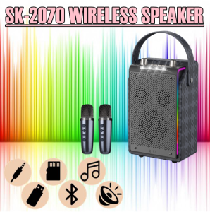 QIXI SK-2070 Wireless Bluetooth Leather Type KARAOKE RGB Loudspeaker with Two Wireless Microphone
