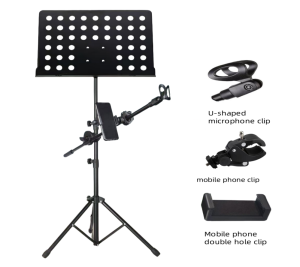 ขาตั้งโน้ตเพลง แบบพกพา พร้อมขาตั้งไมค์ สำหรับวางโน๊ตดนตรี วางไมค์ ร้องเพลง ขาตั้ง ปรับระดับได้ ก้ม-เงย มีขาสปริง ยึดหนังสือ - Adjustable Fol