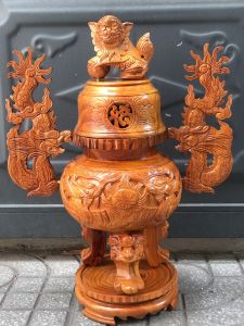 Lư hương bằng gô gõ đỏ cao cao cấp hàng đục tay sắc nét cao 50cm