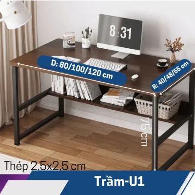 Bàn Làm Việc Bàn Học Có Giá Sách 073 Hiện đại Khung Sắt Hộp 25x25mm Sơn Tĩnh điện Mặt Gỗ MDF Dày 15mm