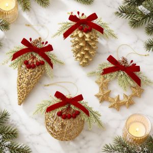 GOXBERK 3D dây chuyền hình cây thông Noel Quả mọng đỏ giả Vàng lấp lánh Quả cầu trang trí treo Giáng sinh Trang trí cảnh lễ hội Với nơ đỏ Trang trí hình nón thông cho dịp lễ Tiệc