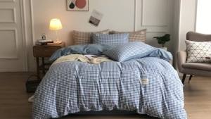 New ins Solid Color Washed Cotton Bedding Set Four-Piece Duvet Cover Bed Sheet Fitted Sheet Single Double Dormitory Three-Piece Set LZD