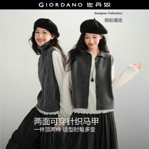 GIORDANO Women Sweaters Two-Side Wear Cable Knit Vests Turndown Collar Fashionable Casual Relaxed Knit Vests 18356326