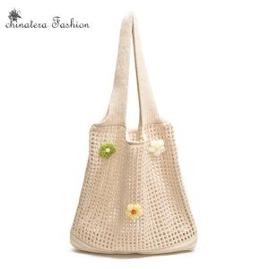 Quest กระเป๋ากระเป๋าทรงสี่เหลี่ยมมีหูหิ้วสะพายไหล่ถักโครเชต์สำหรับผู้หญิงกระเป๋าสะพายไหล่ถักมีรูที่ตกแต่งดอกไม้กระเป๋าชายหาดลำลองกระเป๋าท่องเที่ยวกลางแจ้ง