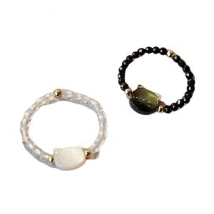 Set Of 2 Elegant Black White Cats Charm Rings for Women Men Natural Moonstone Obsidian Finger Rings Party Accessories