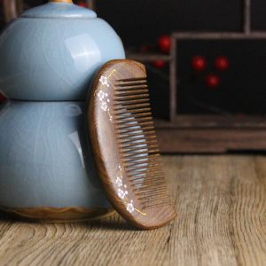 ALLLUCK Gold Branches Sandalwood Hair Comb Thickened Gold Sandalwood Hair Brush Pink Plum Blossom Head Massage Comb Hair Styling Tool
