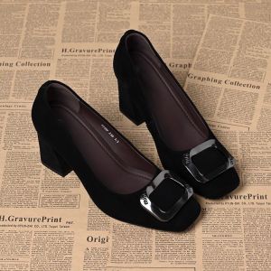 Free Shipping 2026 New Spring Collection: Square-Toe Metal-Buckle Chunky-Heel Work Shoes Niche Spring/Autumn High Heels For Women