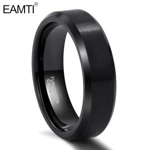 EAMTI 6mm Tungsten Carbide Ring for Men Women Beveled Edge Brushed Black Wedding Band Size 4-13