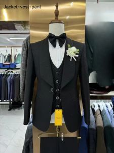 High Quality Wedding Suit Set for Groom Three Pieces Mens Fashion Suits One Button Shawl Neck Blazer Jacket Vest and Pants