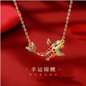 สร้อยคอทอง18K แท้สำหรับผู้หญิงสร้อยคอปลาคราฟโชคดีดีไซน์เรียบง่ายโชคดีโซ่คล้องคอสร้อยคอทองคำแท้ยาว 18 นิ้ว ไม่ลอก เก็บเงินปลายทาง