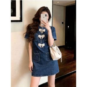 Fashion short-sleeved denim dress womens new waist age-reducing temperament short dress new Chinese retro chic denim dress