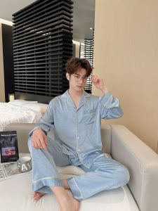 Mens Spring Long Sleeve Pajama Set Thin Ice Silk Luxury Large Size Outerwear Home Clothes Set