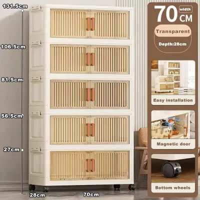 Foldable Storage Cabinet Stackable Clothes Snacks Organizer Cabinet Double Door Storage Cabinet with Wheels