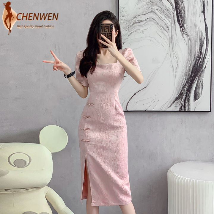 CHENWEN Cheongsam Qipao Chinese Dress Modern Pink Improved Cheongsam Retro Evening Square Dress Cheongsam Elegant Floral Women Dress Lazada