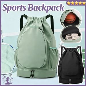 Multifunctional Drawstring Sports Backpack with Shoe Compartment for Badminton Tennis Gym Travel