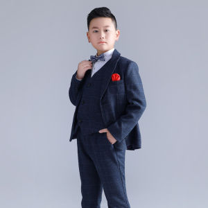 lontakids 4Pcs/5Pcs Kids Boys Plus Size Blue Plaid Suit Formal Tuxedo Wedding Attire Party Gentleman Clothing Set Piano Host Performance Clothes